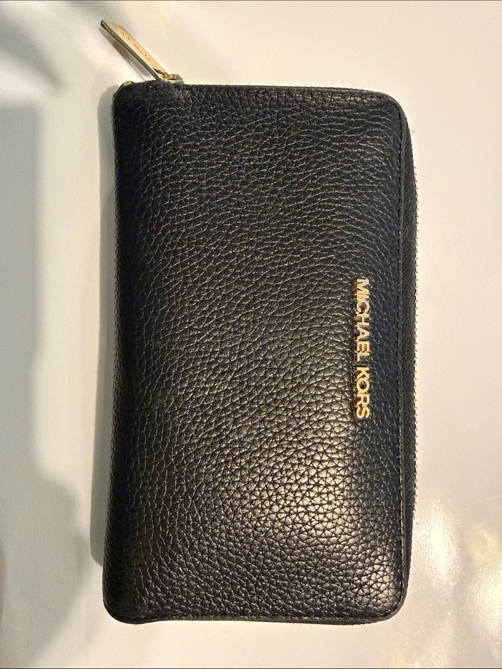 Michael Kors Black Pebbled Leather Zip-Around Wristlet Wallet with Gold Hardware